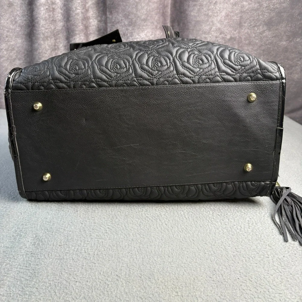 Betsey Johnson Black Rose Embossed Satchel Bag with Oversized Studded Bow